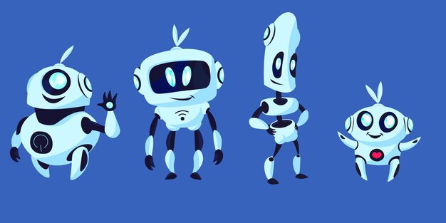 Colección de robots futuristas. Humanoide, cyborg, ayudante aislado sobre fondo azul.