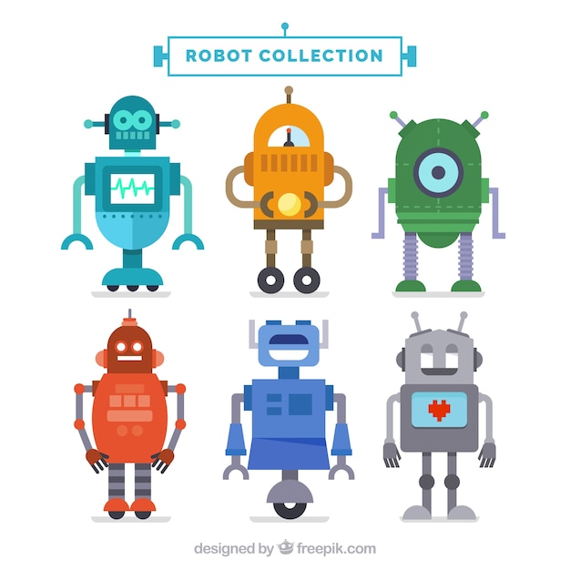 Vector gratuito colección de robots planos con diferentes poses