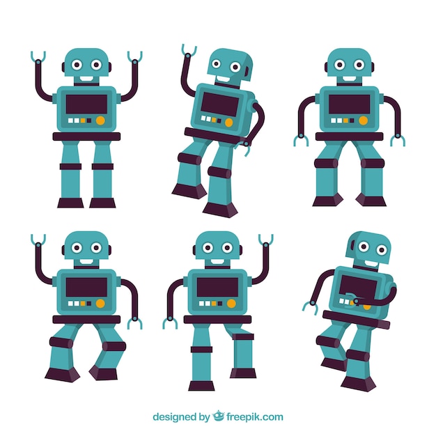 Vector gratuito colección de robots planos con diferentes poses