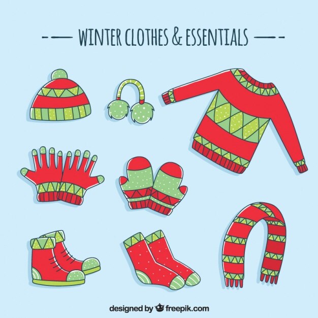 Colección de ropa básica de invierno dibujada a mano