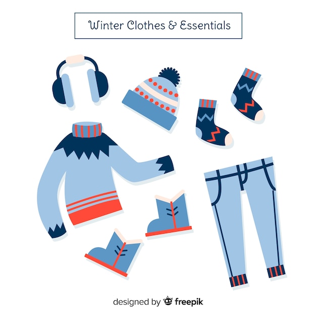 Colección ropa y esenciales de invierno dibujados a mano