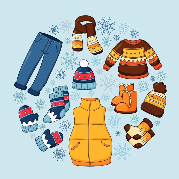 Colección ropa y esenciales de invierno dibujados a mano