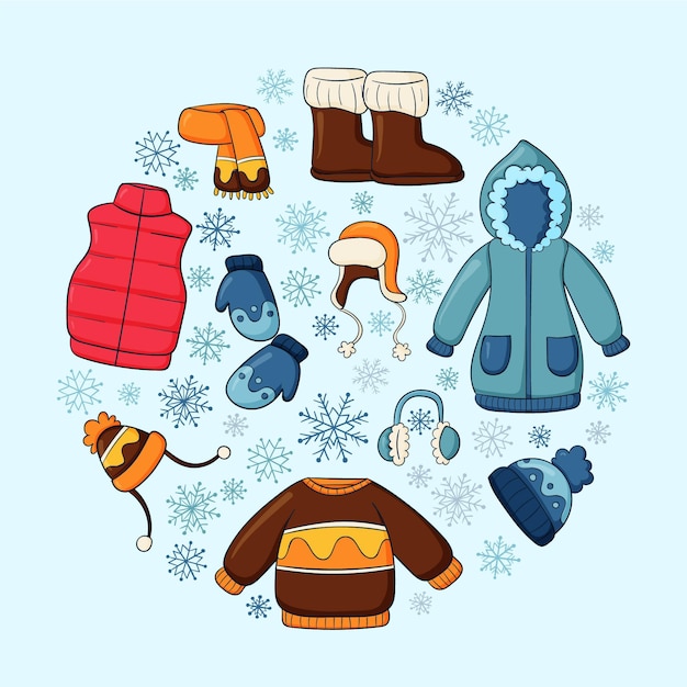 Colección ropa y esenciales de invierno dibujados a mano