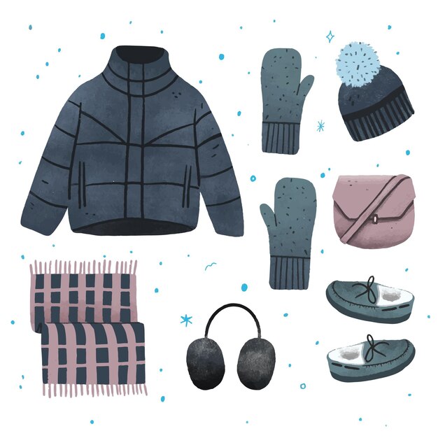 Colección ropa y esenciales de invierno dibujados a mano