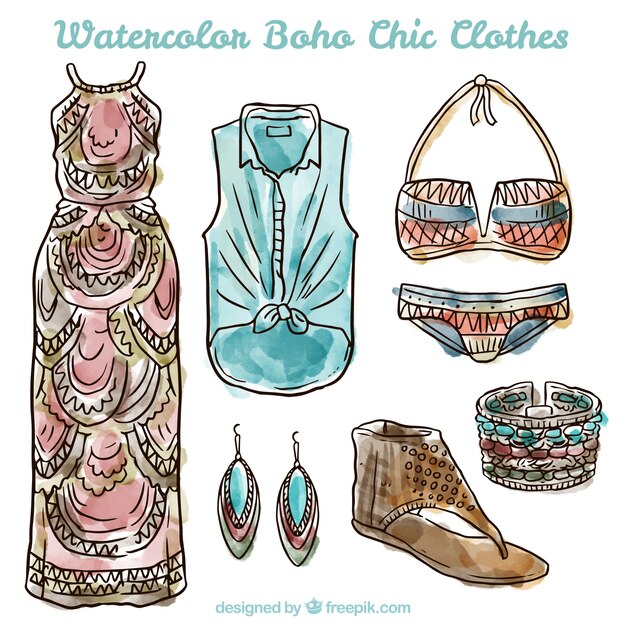 Colección de ropa de estilo boho estilosa en acuarelas