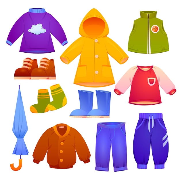 Vector gratuito colección de ropa infantil de otoño e invierno de dibujos animados.