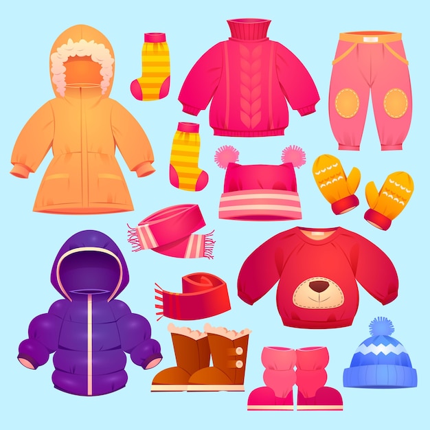 Vector gratuito colección de ropa infantil de otoño e invierno de dibujos animados.