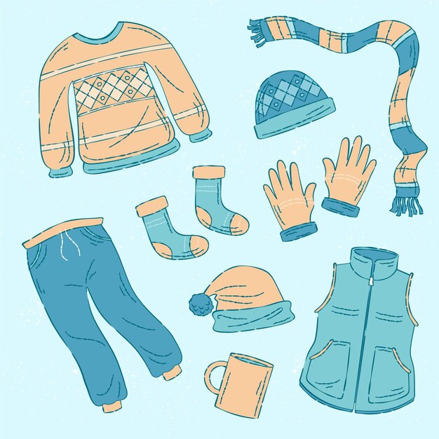 Colección de ropa de invierno acogedora dibujada y elementos esenciales.