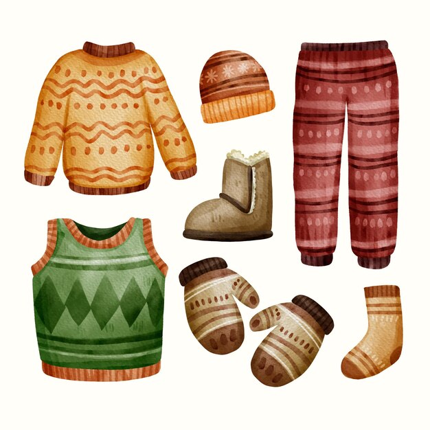 Colección de ropa de invierno y artículos esenciales de acuarela