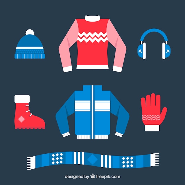Colección de ropa de invierno azul y roja