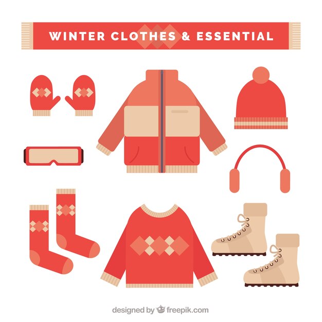 Colección de ropa de invierno básica y elementos en diseño plano 