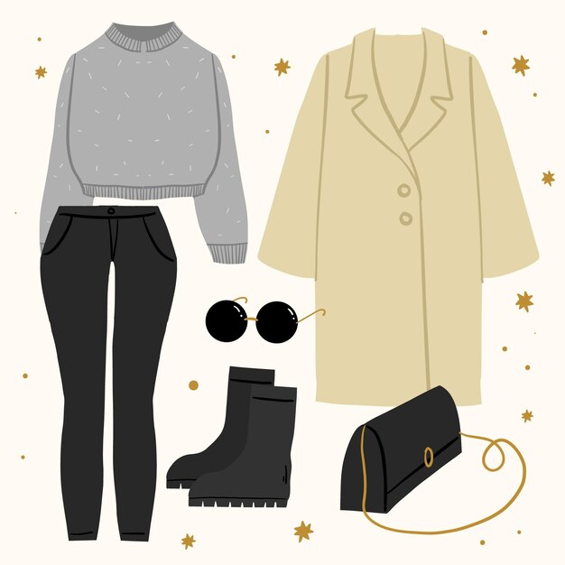 Colección de ropa de invierno y básicos dibujados a mano