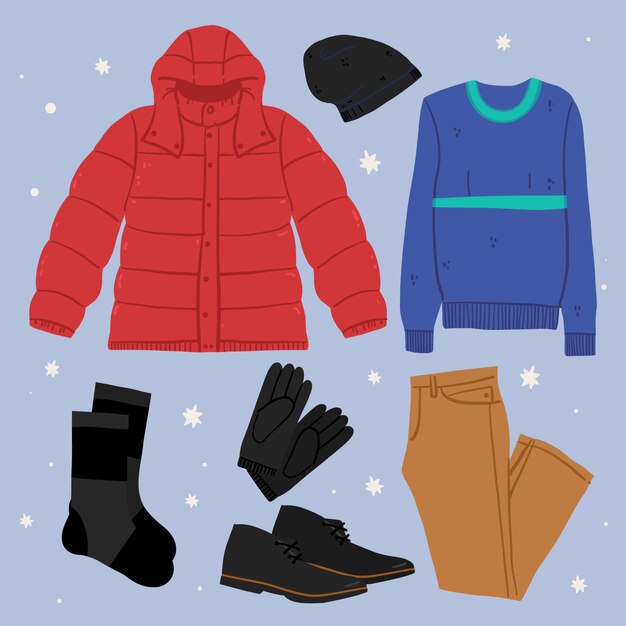 Colección de ropa de invierno y básicos dibujados a mano