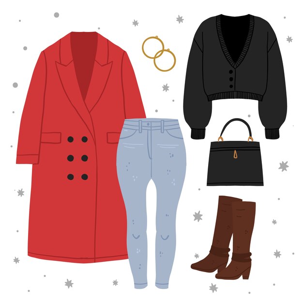 Colección de ropa de invierno y básicos dibujados a mano
