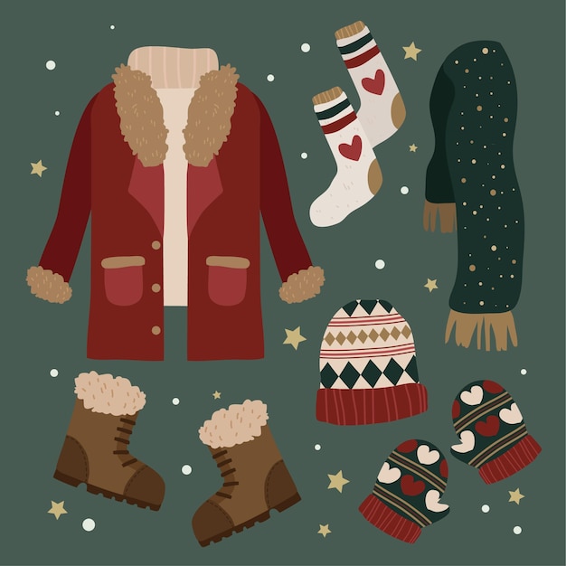 Colección de ropa de invierno y básicos dibujados a mano