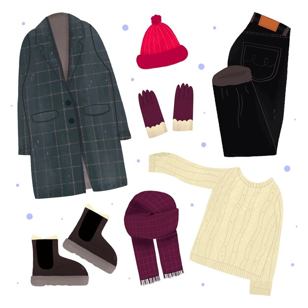 Colección de ropa de invierno y básicos dibujados a mano