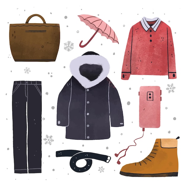 Colección de ropa de invierno y básicos dibujados a mano