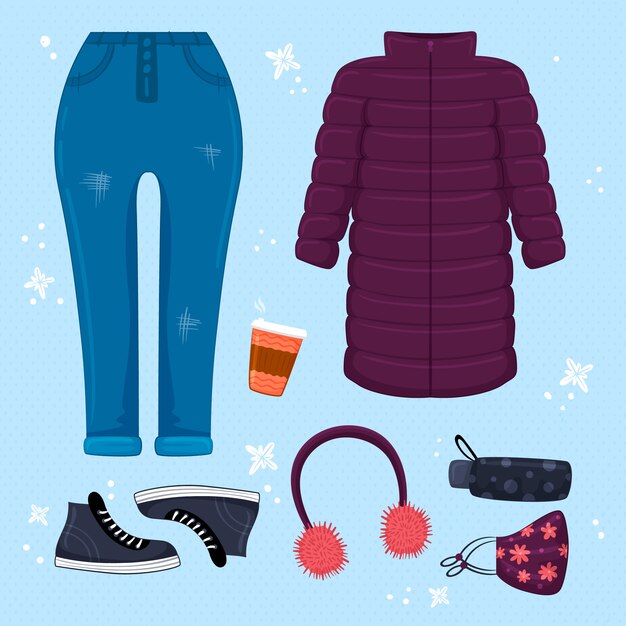 Colección de ropa de invierno y básicos dibujados a mano