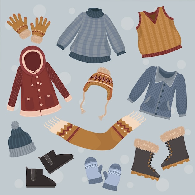 Colección de ropa de invierno y básicos dibujados a mano