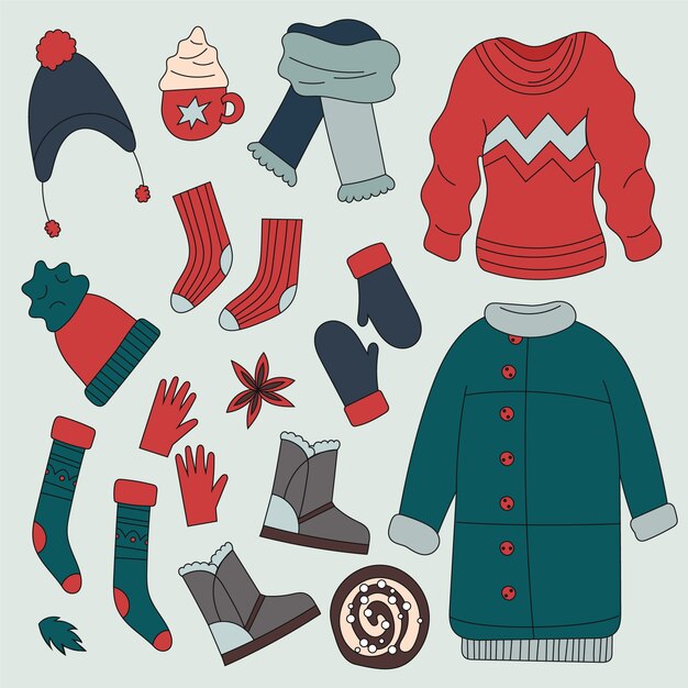 Colección de ropa de invierno y básicos dibujados a mano