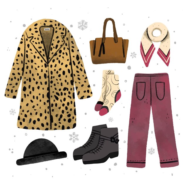 Colección de ropa de invierno y básicos dibujados a mano