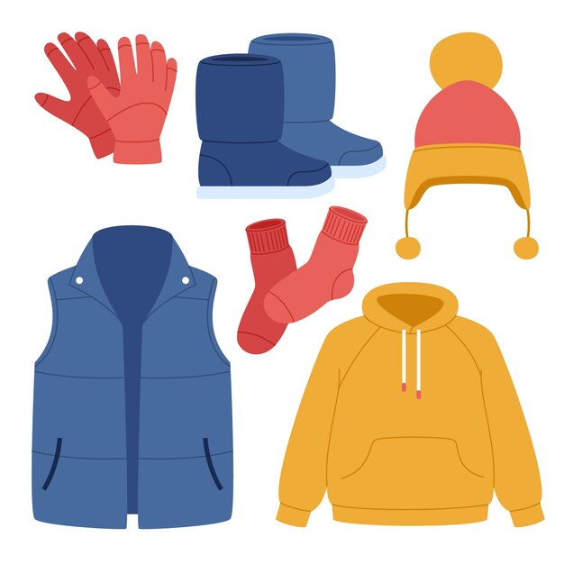 Colección de ropa de invierno plana y básicos dibujados a mano.