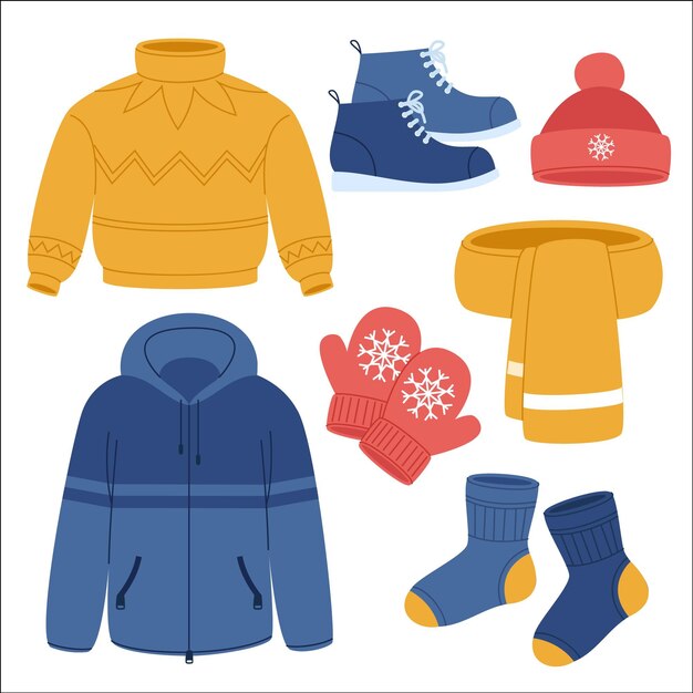 Colección de ropa de invierno plana y básicos dibujados a mano.