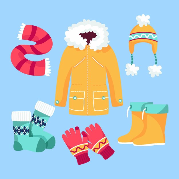 Colección de ropa de invierno plana y básicos dibujados a mano.