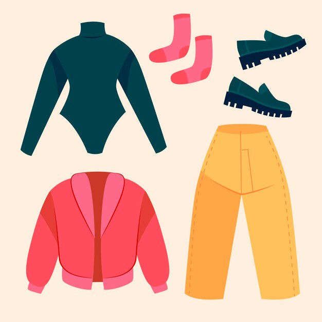 Colección de ropa de invierno plana y básicos dibujados a mano.