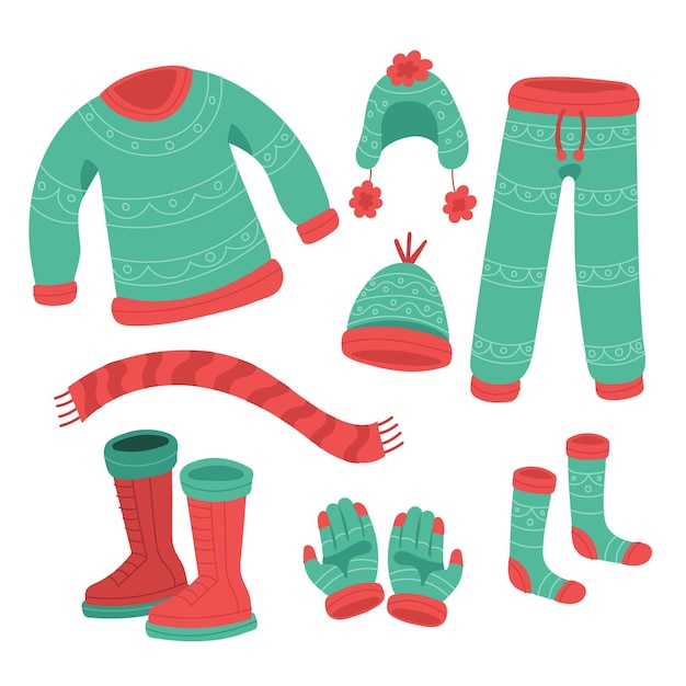 Colección de ropa de invierno plana y básicos dibujados a mano.