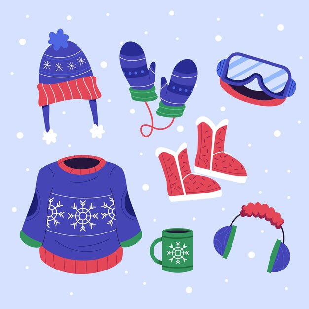 Colección de ropa de invierno plana y básicos dibujados a mano.