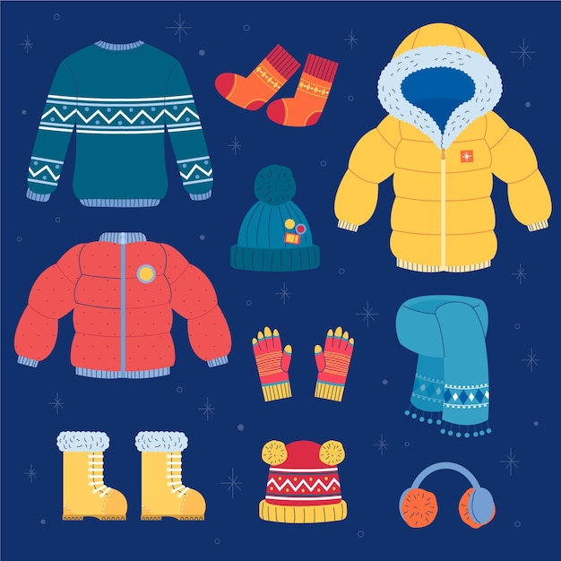 Colección de ropa de invierno plana y básicos dibujados a mano.