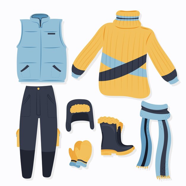 Colección de ropa de invierno plana y básicos dibujados a mano.