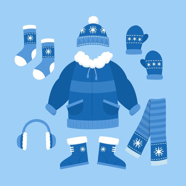 Colección de ropa de invierno plana y básicos dibujados a mano.