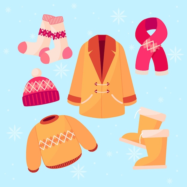 Colección de ropa de invierno plana y básicos dibujados a mano.