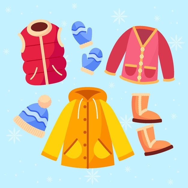 Colección de ropa de invierno plana y básicos dibujados a mano.