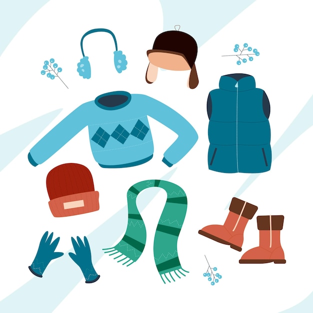 Colección de ropa de invierno plana y básicos dibujados a mano.