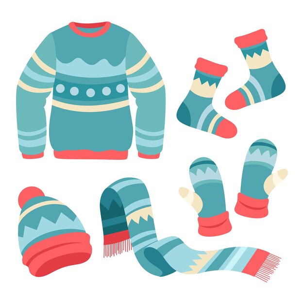 Colección de ropa de invierno plana y básicos dibujados a mano.