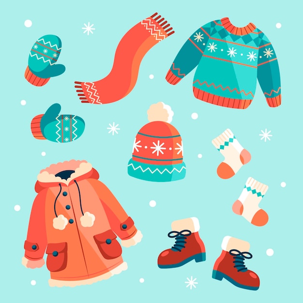 Colección de ropa de invierno plana y básicos dibujados a mano.
