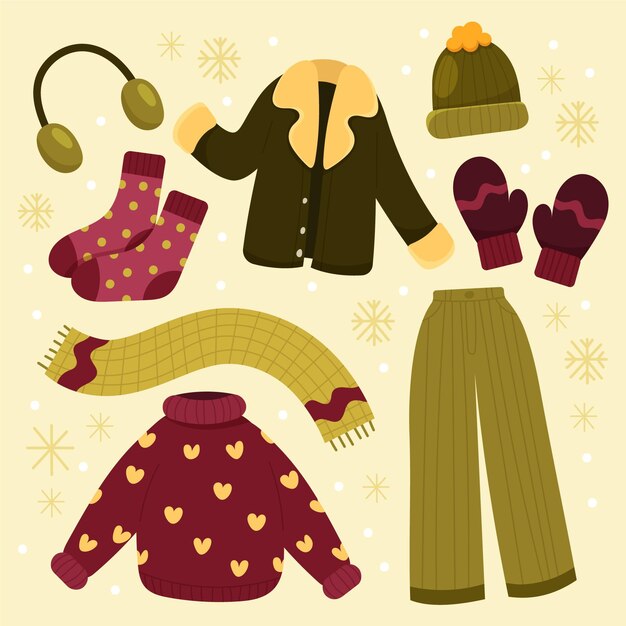 Colección de ropa de invierno plana y básicos dibujados a mano.