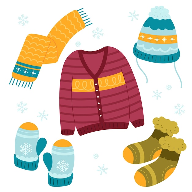 Colección de ropa de invierno plana y básicos dibujados a mano.
