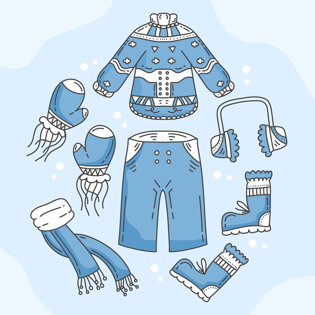 Colección de ropa de invierno plana y básicos dibujados a mano.