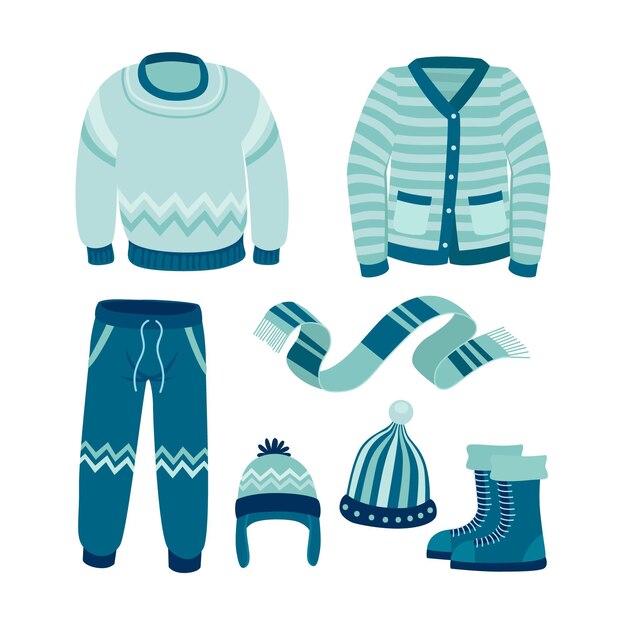 Colección de ropa de invierno plana y básicos dibujados a mano.