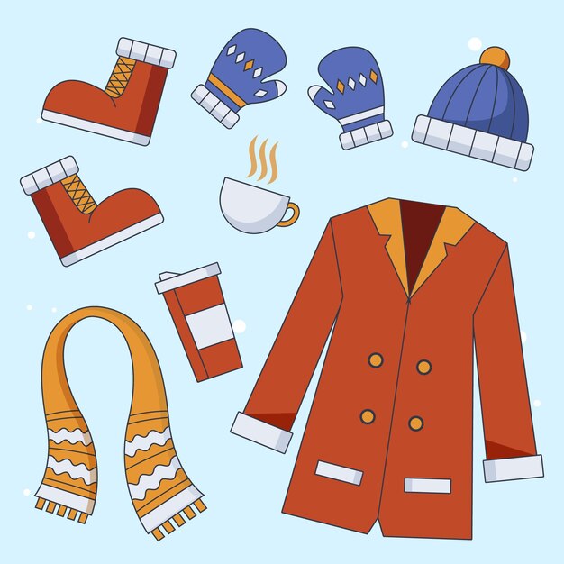 Colección de ropa de invierno plana y básicos dibujados a mano.