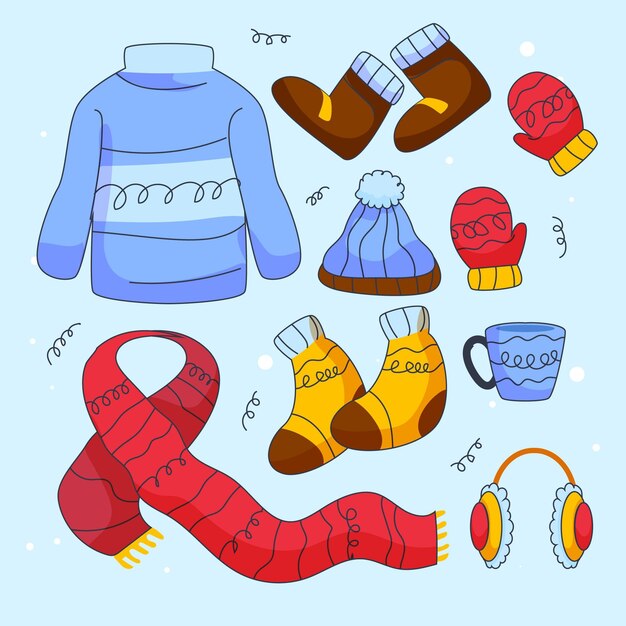 Colección de ropa de invierno plana y básicos dibujados a mano.