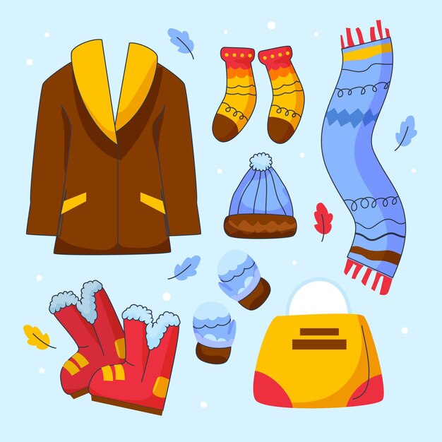 Colección de ropa de invierno plana y básicos dibujados a mano.