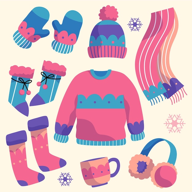 Colección de ropa de invierno plana y básicos dibujados a mano.