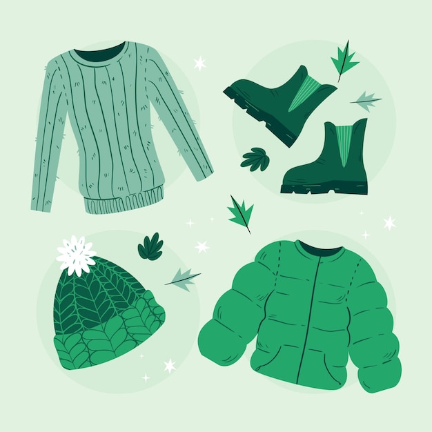 Vector gratuito colección de ropa de invierno plana y básicos dibujados a mano.