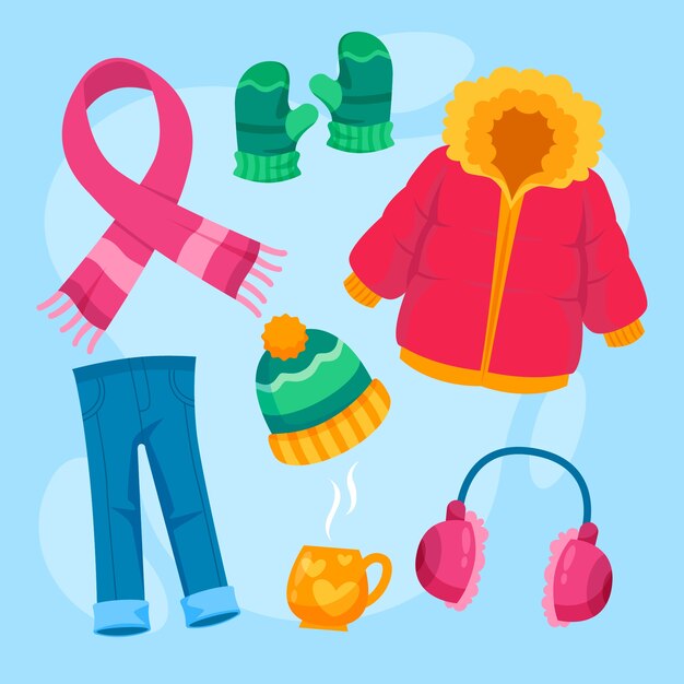 Colección de ropa de invierno plana y básicos dibujados a mano.