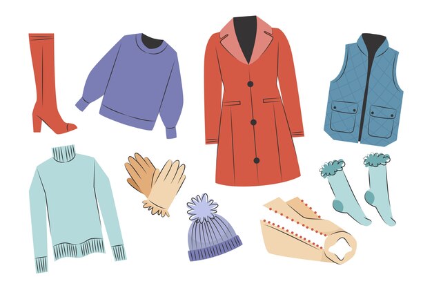 Colección de ropa de invierno plana y básicos dibujados a mano.